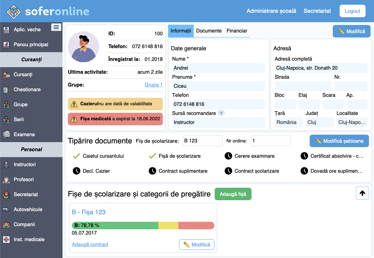 SoferOnline - Aplicatie de gstiune școala de șoferi